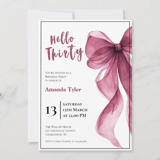 Invitation d'anniversaire 30 ans Plum Bow (Devant)