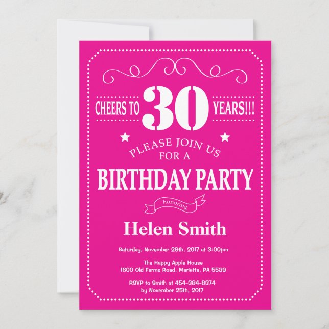 Invitation d'anniversaire 30 ans rose chaud et bla (Devant)