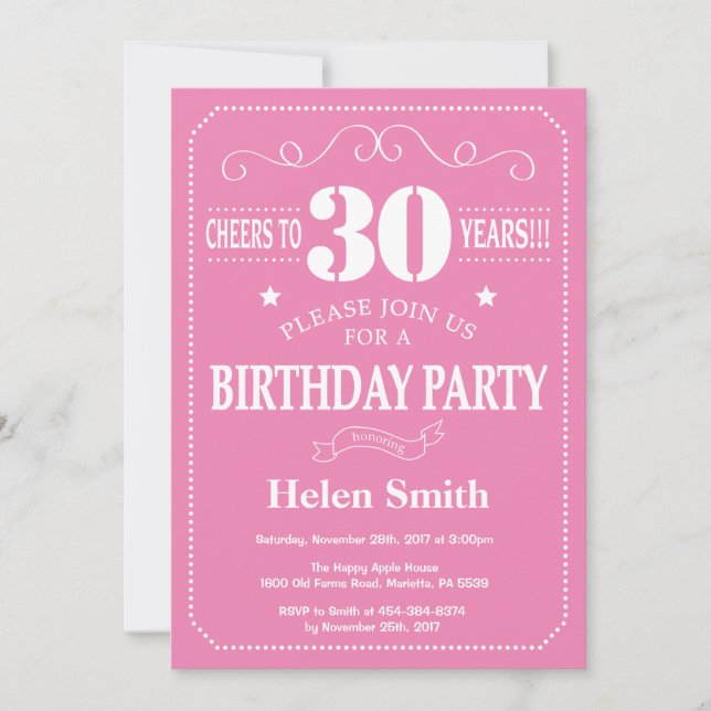 Invitation d'anniversaire 30 ans Rose et Blanc (Devant)