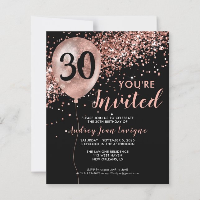 Invitation d'anniversaire 30 ans Rose Gold Balloon (Devant)