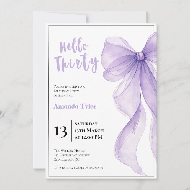 Invitation d'anniversaire 30 ans Ruban Lavande (Devant)