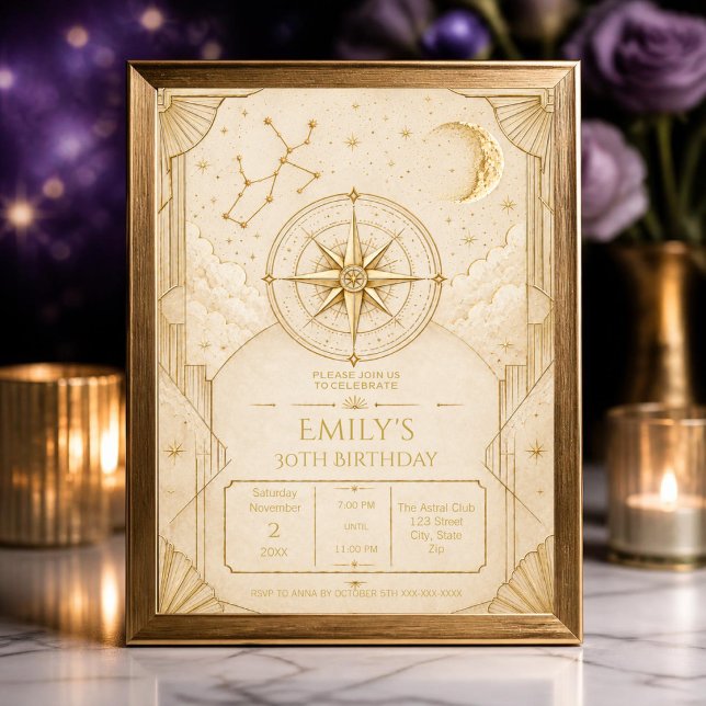 Invitation d'anniversaire 30 ans Sagittaire | Élég (Elegant Sagittarius 30th birthday invitation with celestial Art Deco design for astrology celebratio)
