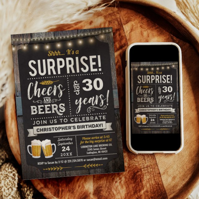 Invitation d'anniversaire 30 ans Surprise Cheers a (Surprise Cheers and Beers 30th Birthday Invitation)