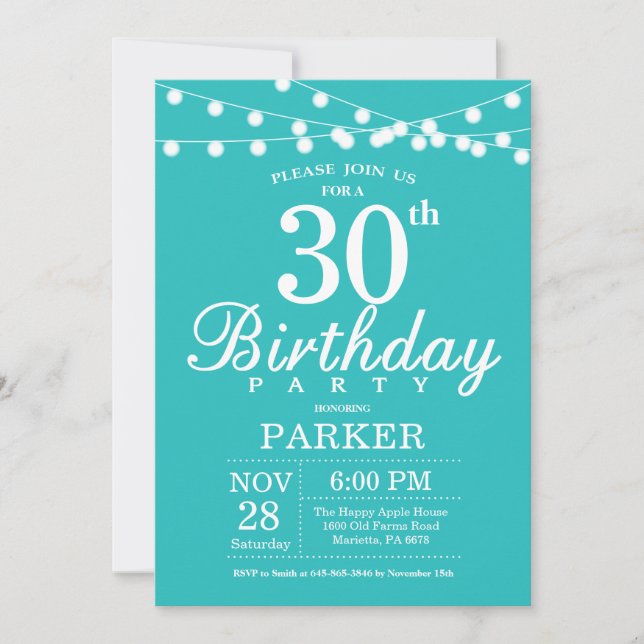 Invitation d'anniversaire 30 ans Teal Aqua Turquoi (Devant)