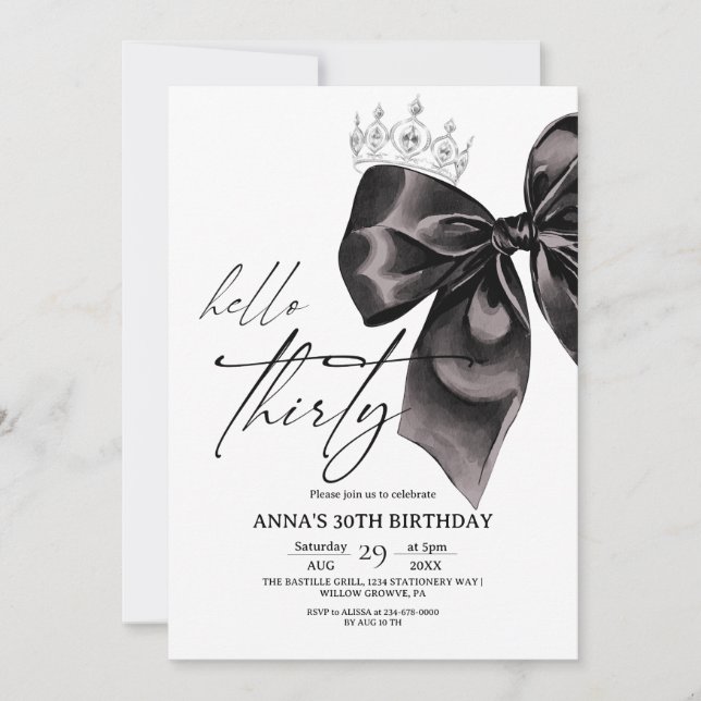 Invitation d'anniversaire 30 ans Thirty Black Bow (Devant)