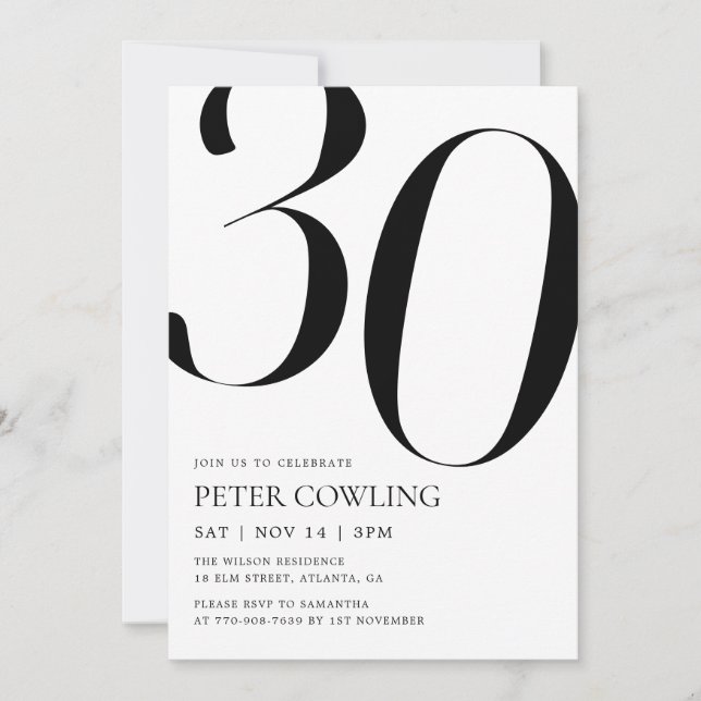 Invitation d'anniversaire 30 ans Typographie Gras  (Devant)