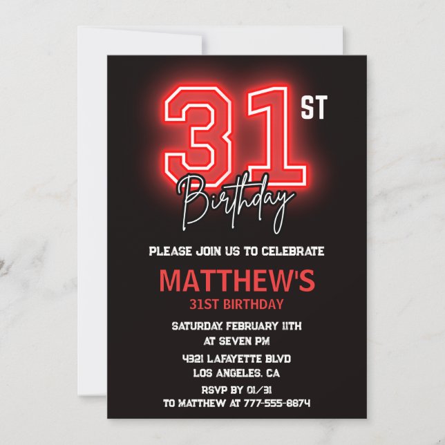 Invitation d'anniversaire 31 ans Neon Black pour h (Devant)