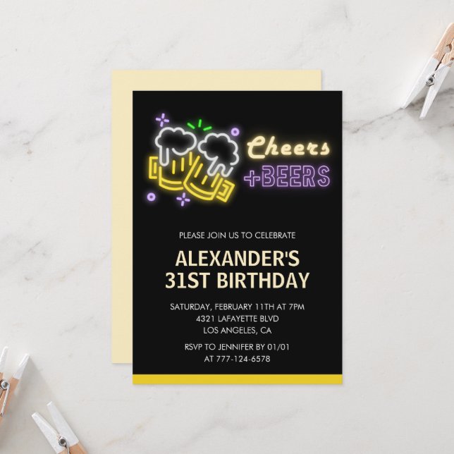 Invitation d'anniversaire 31 ans noir Cheers Beer  (Devant/Arrière en situation)