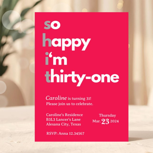 Invitation d'anniversaire 31 ans pour elle Trente  (Minimalist 31st Birthday Invitation Hot Pink)