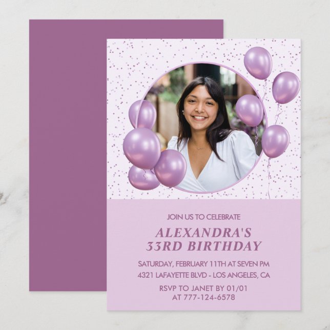 Invitation d'anniversaire 33 ans Ballons Photo Vio (Devant / Derrière)