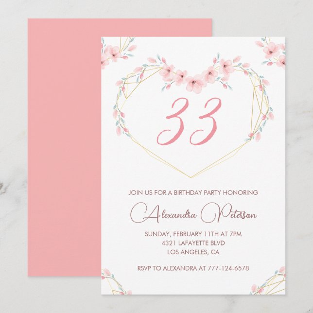 Invitation d'anniversaire 33 ans Bohème Floral Élé (Devant / Derrière)