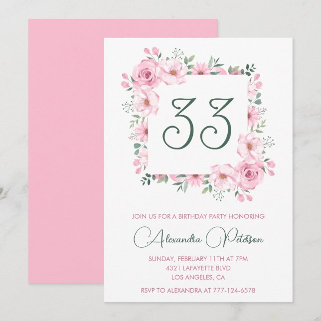 Invitation d'anniversaire 33 ans Bohème Floral Ros (Devant / Derrière)