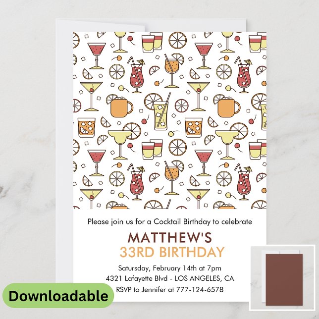 Invitation d'anniversaire 33 ans Cocktail Pattern  (Créateur téléchargé)