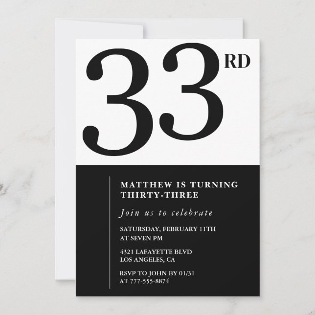 Invitation d'anniversaire 33 ans Homme Noir Blanc (Devant)