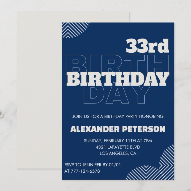 Invitation d'anniversaire 33 ans Hommes Bleu marin (Devant / Derrière)