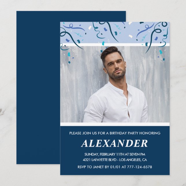 Invitation d'anniversaire 33 ans Hommes Photo Bleu (Devant / Derrière)