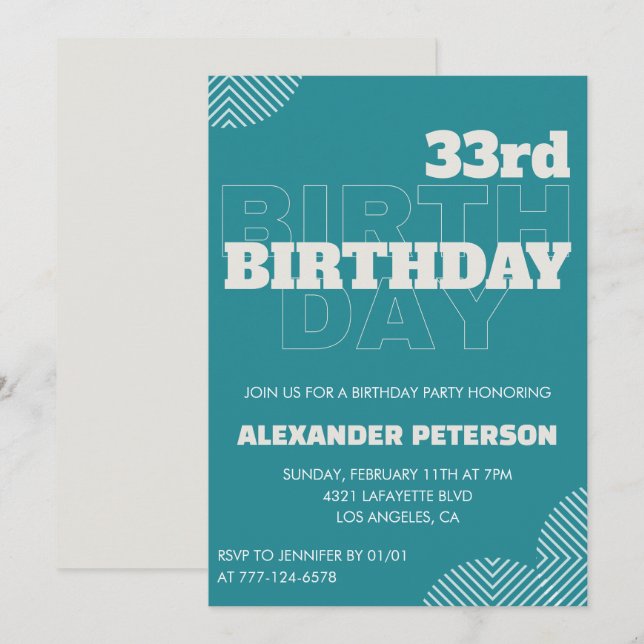 Invitation d'anniversaire 33 ans Hommes Typographi (Devant / Derrière)
