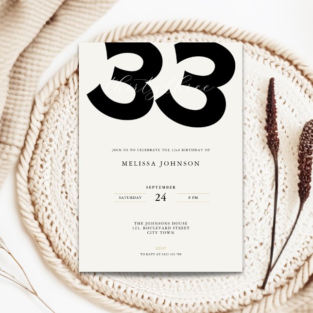 Invitation d'anniversaire 33 ans Minimal - Typo Gr (Minimal 33rd birthday invitation with bold typography)