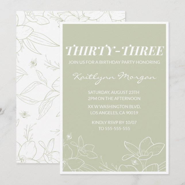 Invitation d'anniversaire 33 ans Moderne Floral Él (Devant / Derrière)