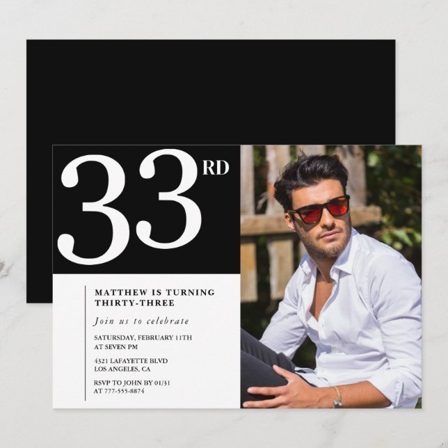 Invitation d'anniversaire 33 ans Photo Hommes Noir (Devant / Derrière)