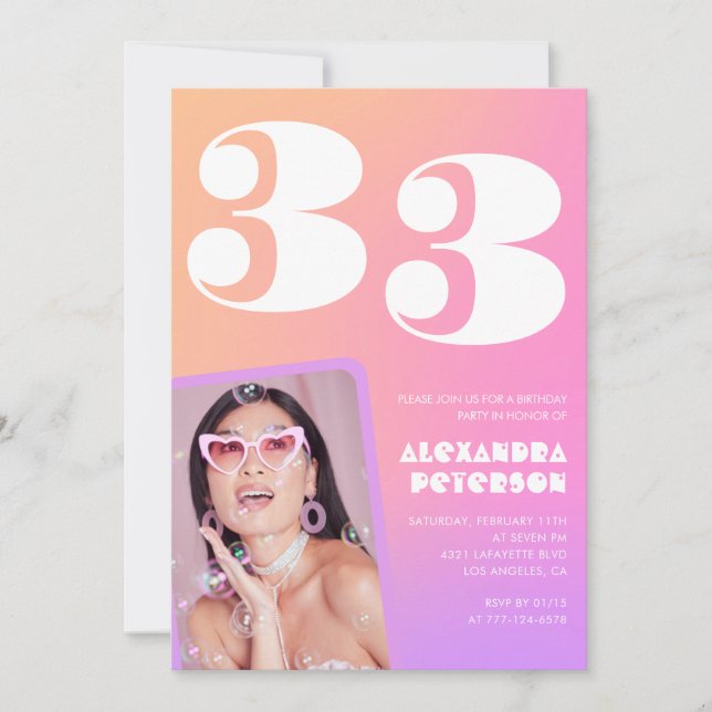 Invitation d'anniversaire 33 ans Retro Pink Photo (Devant)