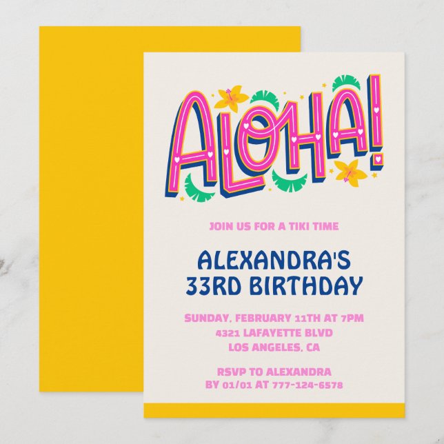 Invitation d'anniversaire 33 ans Tropical Aloha Ha (Devant / Derrière)