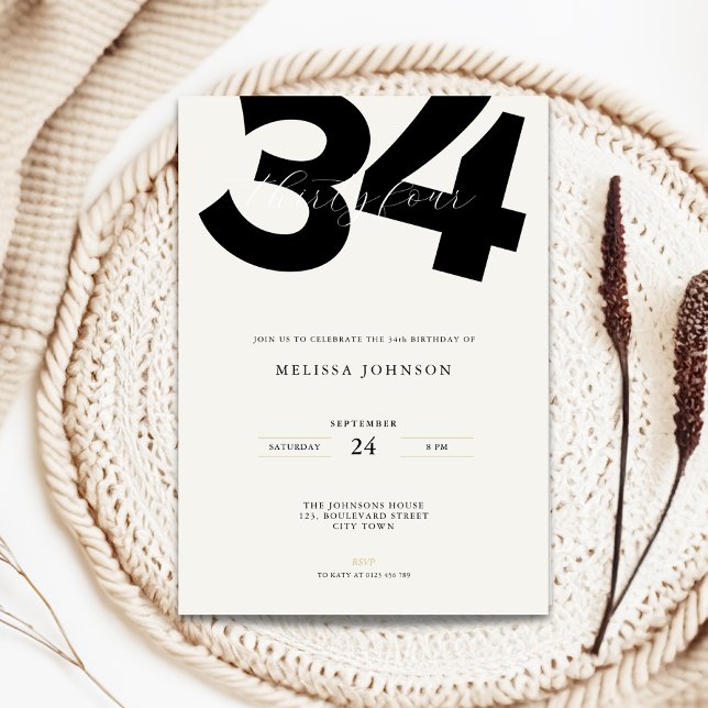 Invitation d'anniversaire 34 ans minimale - Typo g (Minimal 34th birthday invitation with bold typography)