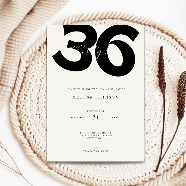 Invitation d'anniversaire 36 ans minimale - Typo g (Minimal 36th birthday invitation with bold typography)