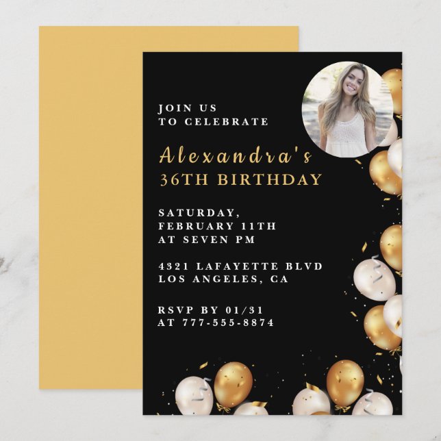 Invitation d'anniversaire 36 ans noir Ballon d'or  (Devant / Derrière)