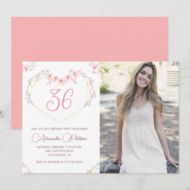 Invitation d'anniversaire 36 ans photo florale boh (Devant / Derrière)