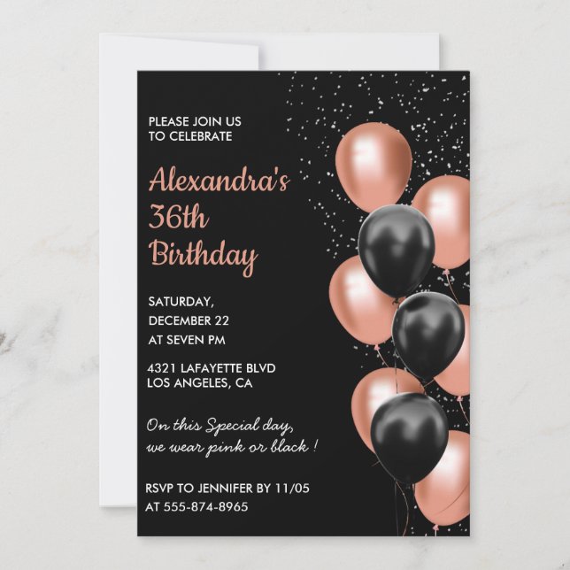 Invitation d'anniversaire 36 ans Rose gold Ballon  (Devant)