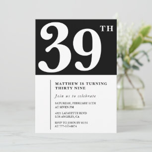 Invitation d'anniversaire 39 ans Noir Élégant Chic