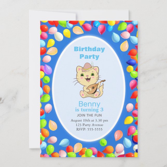 Invitation d'anniversaire 3 ans avec chat mignon e (Devant)