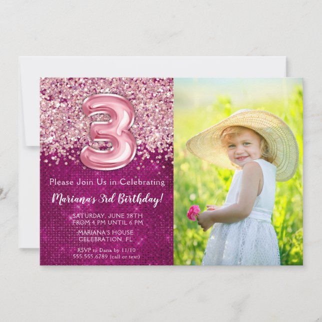 Invitation d'anniversaire 3 ans avec photo Magenta (Devant)