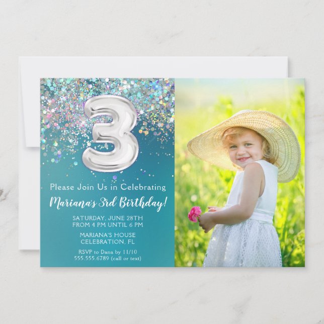 Invitation d'anniversaire 3 ans avec photo paillet (Devant)