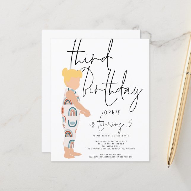 Invitation d'anniversaire 3 ans Budget Script Girl (Devant/Arrière en situation)