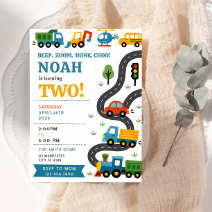 Invitation d'anniversaire 3 ans Camions Trains Voi