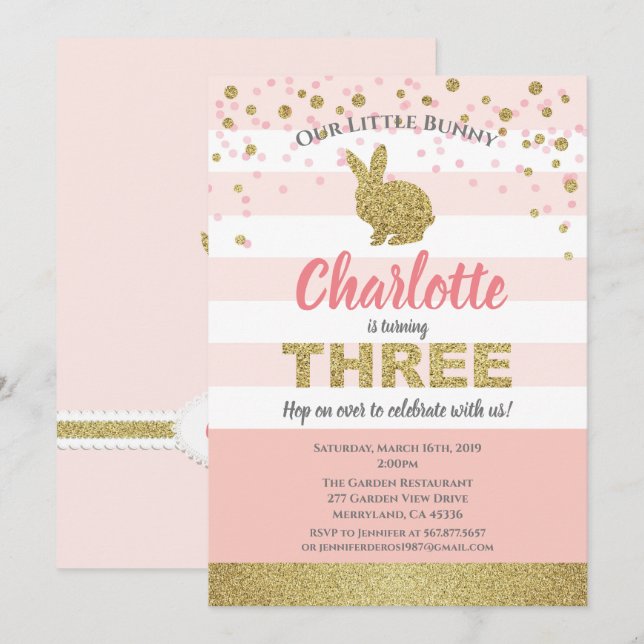 Invitation d'anniversaire 3 ans de fille lapin ros (Devant / Derrière)