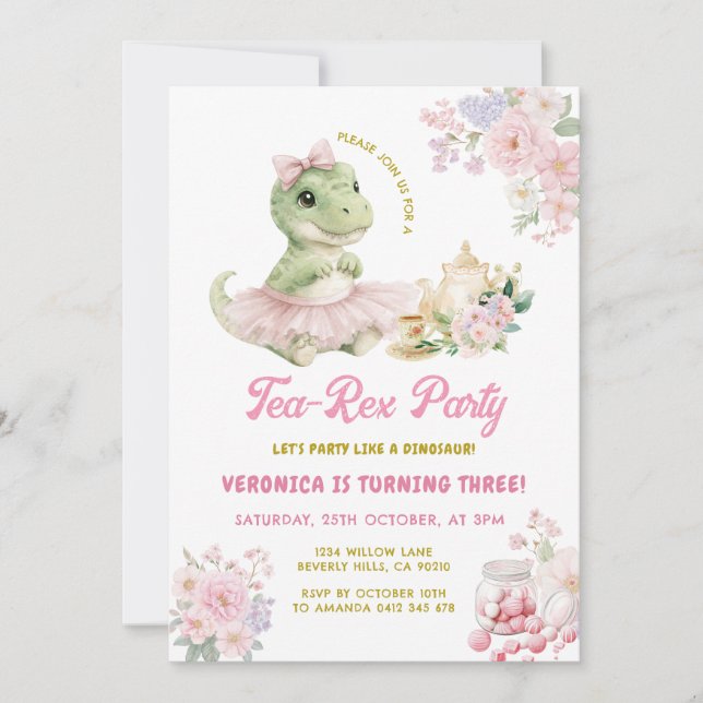 Invitation d'anniversaire 3 ans dinosaure T-Rex fl (Devant)