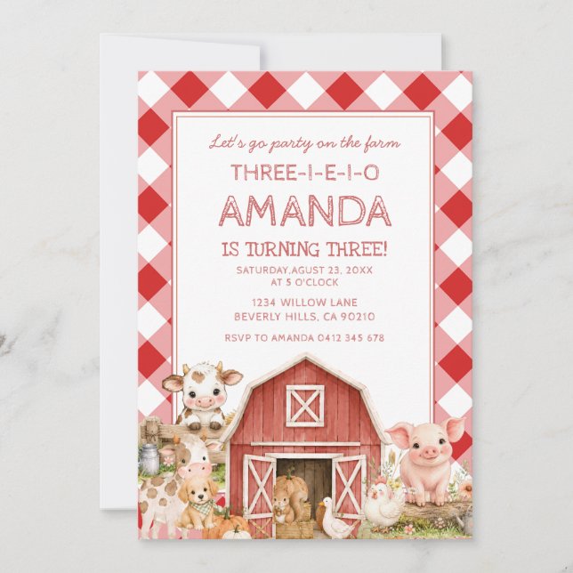 Invitation d'anniversaire 3 ans Ferme Animaux Troi (Devant)