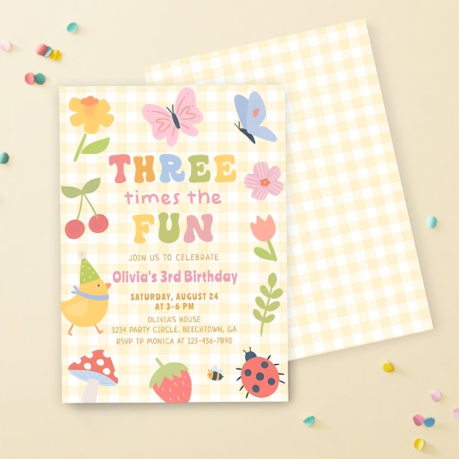 Invitation d'anniversaire 3 ans fille à carreaux c (Créateur téléchargé)