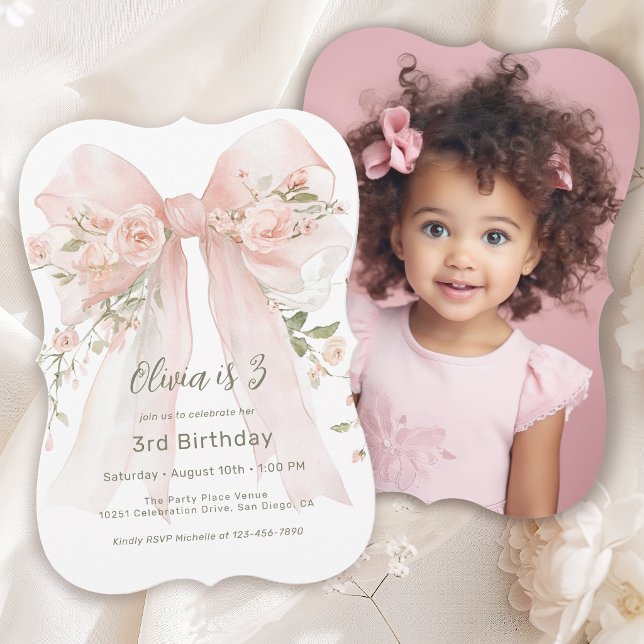 Invitation d'anniversaire 3 ans fille avec photo e (Invitation may be ordered in both printed and instant download digital formats.)