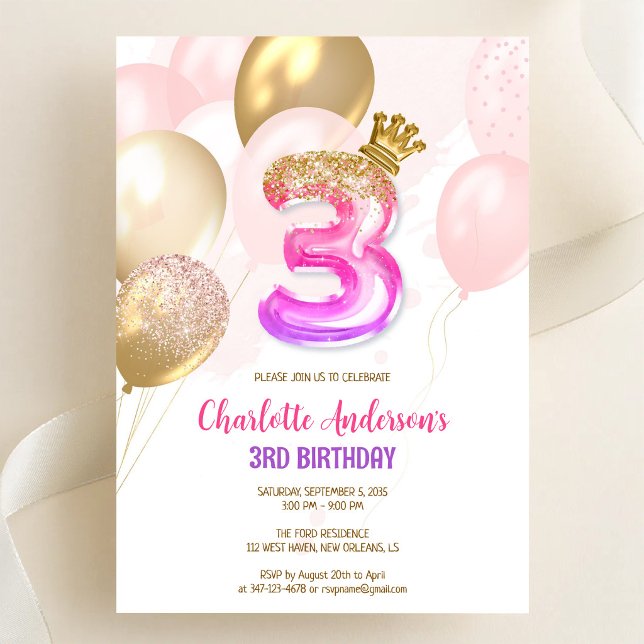 Invitation d'anniversaire 3 ans fille ballon or ro (Créateur téléchargé)