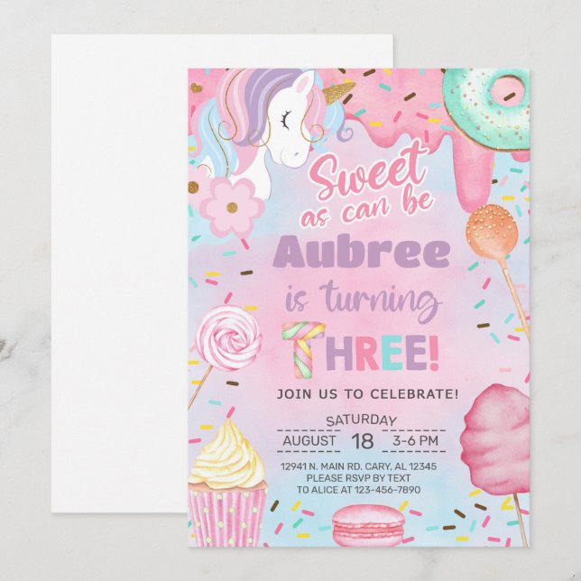 Invitation d'anniversaire 3 ans fille Licorne douc (Devant / Derrière)