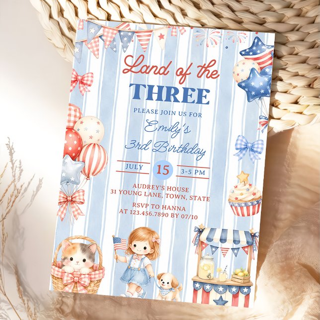 Invitation d'anniversaire 3 ans Fille Rayures Amér (Créateur téléchargé)
