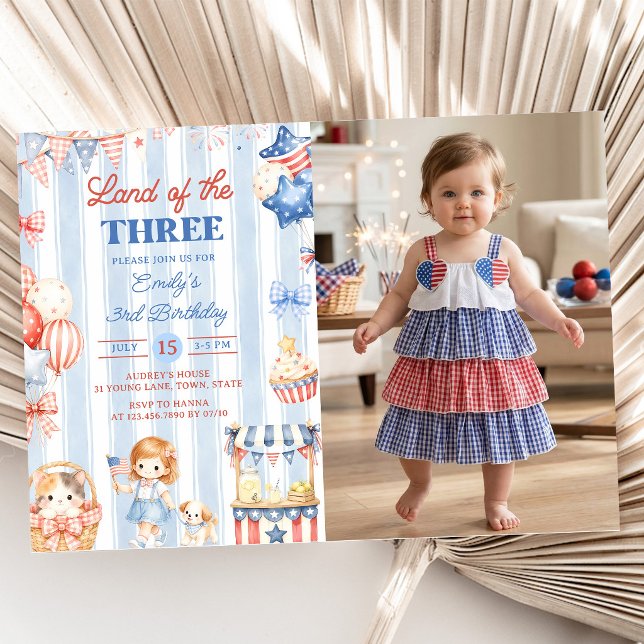 Invitation d'anniversaire 3 ans Fille Rayures Amér (Créateur téléchargé)