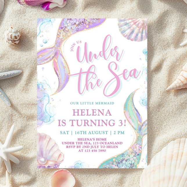 Invitation d'anniversaire 3 ans fille sirène sous  (Créateur téléchargé)