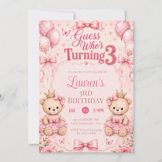 Invitation d'anniversaire 3 ans Fleurs Roses (Devant)