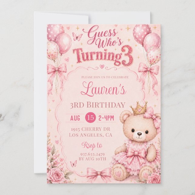 Invitation d'anniversaire 3 ans Fleurs Roses (Devant)