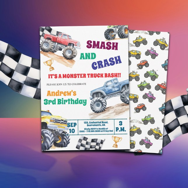Invitation d'anniversaire 3 ans Fun Monster Trucks (Créateur téléchargé)